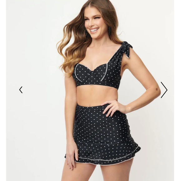 Unique Vintage Black & White Pin Print Alice Swim Skirt Bikini Bottom Only